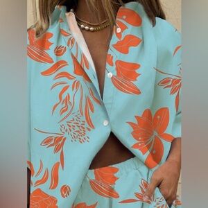 NWOT Chicme Women’s Aqua Blue Orange Tropical Floral Shirt Blouse Top‎ 3XL